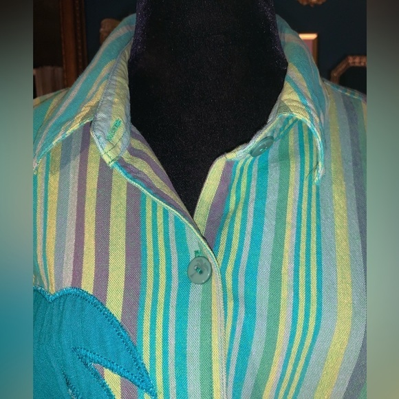Green Stripe Linen Button Down Shirt Jacket Palm Tree Appliqué Woman’s Lg 12/14 - Picture 5 of 8
